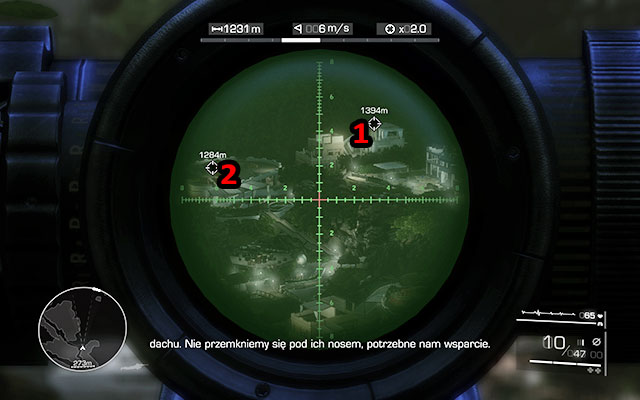 Your next targets are two snipers in the westernmost part - once again point the scope a bit to the left to notice the two shooters [1290m] and [1395m] - Provide cover for the assault team - Act 1 - From Out of Nowhere - Sniper: Ghost Warrior 2 - Game Guide and Walkthrough