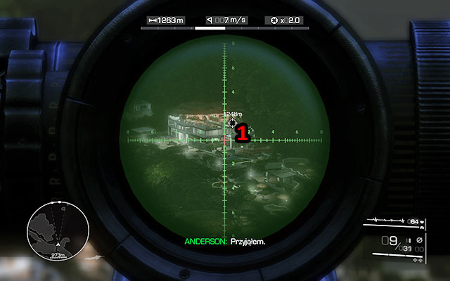 One of the last obstacles on the path of the assault team will be a sniper lurking on the balcony of the glass wall villa [1250m] - Provide cover for the assault team - Act 1 - From Out of Nowhere - Sniper: Ghost Warrior 2 - Game Guide and Walkthrough