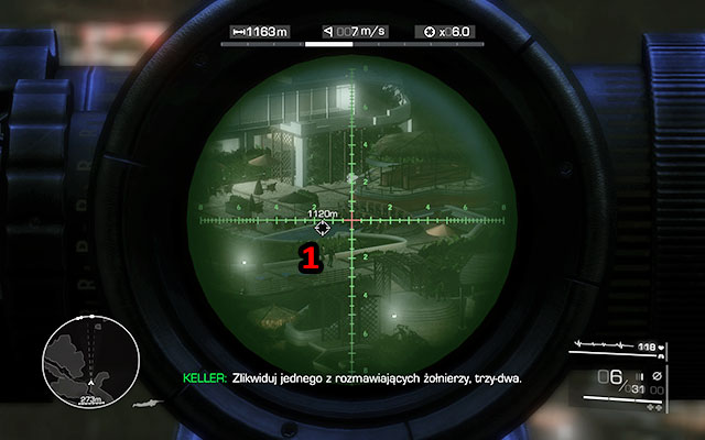 Two talking soldiers will enter the courtyard [1120m] - just eliminate one of them and your companions will take care of the other - Provide cover for the assault team - Act 1 - From Out of Nowhere - Sniper: Ghost Warrior 2 - Game Guide and Walkthrough