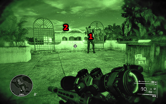 After leaving the cave, head up the stairs onto the roof of the building on the left - you will come across an enemy speaking on the phone there - Cross the cave to the southern part of the resort - Act 1 - From Out of Nowhere - Sniper: Ghost Warrior 2 - Game Guide and Walkthrough