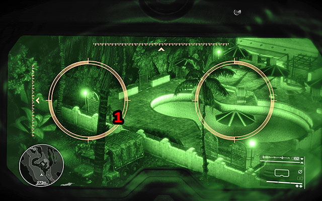 The second enemy who you have to eliminate is the mercenary on the courtyard - wait for him to reach the wall [150m] - Eliminate the enemies on the road - Act 1 - From Out of Nowhere - Sniper: Ghost Warrior 2 - Game Guide and Walkthrough