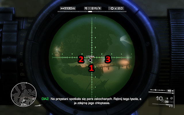 Diaz will point you further targets on the pier - two talking guard [1125m] - Eliminate the enemies on the beach - Act 1 - From Out of Nowhere - Sniper: Ghost Warrior 2 - Game Guide and Walkthrough