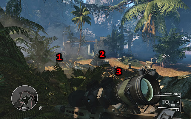 Afterwards you will have to wait a bit for one of the patrolling soldiers to stop for a moment to the left of the building [45m] - Reach the bunker undetected - Act 1 - Leave No Man Behind - Sniper: Ghost Warrior 2 - Game Guide and Walkthrough