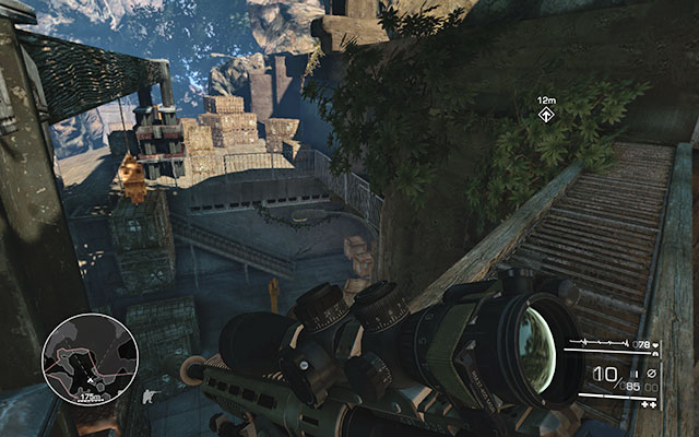 Silently eliminate one enemy who's standing between the bushes and go up the stairs onto the platform - Get through the outpost undetected - Act 1 - Leave No Man Behind - Sniper: Ghost Warrior 2 - Game Guide and Walkthrough