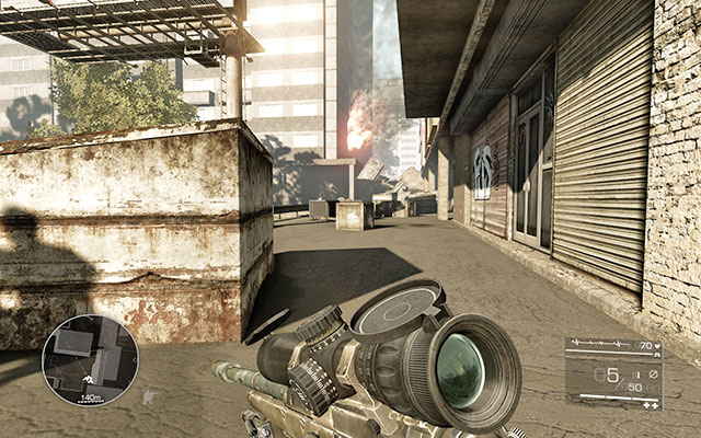 Run up the stairs in front of you and hide behind the dumpster - Follow Marinov - Act 2 - And Justice for All - Sniper: Ghost Warrior 2 - Game Guide and Walkthrough