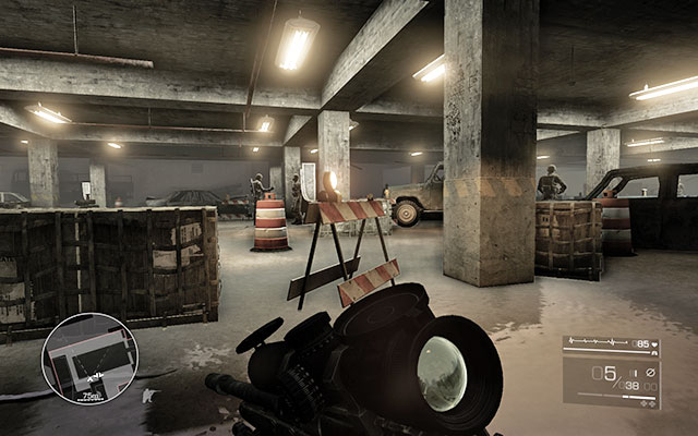 After getting there, wait for the patrolling soldier in front of you to move to the right - use that chance and quickly go left while staying close to the wall - Get through the garage - Act 2 - And Justice for All - Sniper: Ghost Warrior 2 - Game Guide and Walkthrough