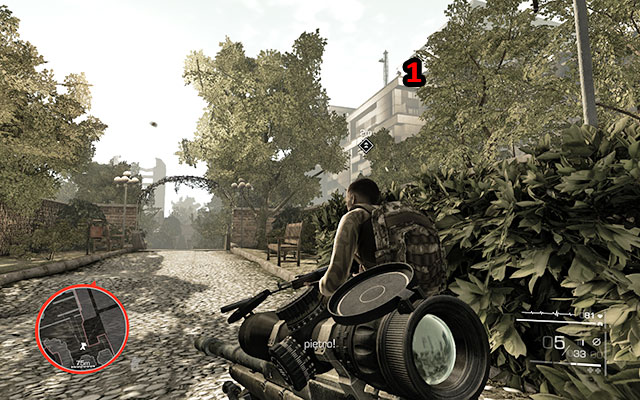 Move a bit deeper and you will see another sniper - this time on the roof of the building on the right [150m] - Get through the park - Act 2 - And Justice for All - Sniper: Ghost Warrior 2 - Game Guide and Walkthrough