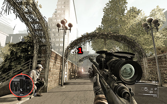As you exit the square, Marinov will be shot - eliminate the sniper sitting on a roof of the building in the distance [150m] - Get through the park - Act 2 - And Justice for All - Sniper: Ghost Warrior 2 - Game Guide and Walkthrough