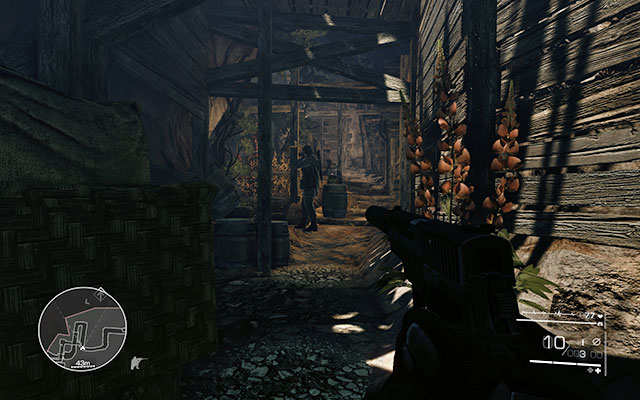 Silently eliminate the guard at the end of the cave and pull him out of the view - Regain your weapon undetected - Act 3 - Burning Bridges - Sniper: Ghost Warrior 2 - Game Guide and Walkthrough
