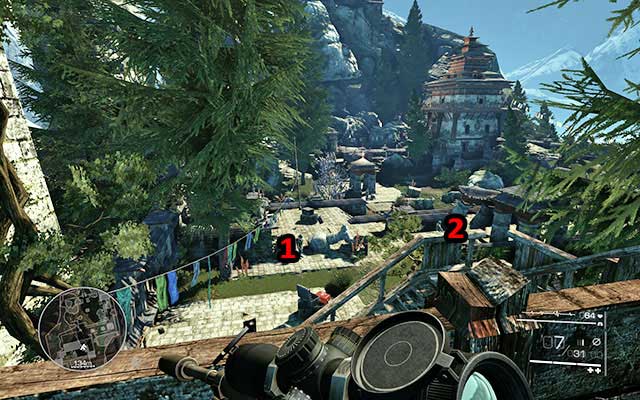 Two more soldiers will arrive - firstly take care of the one by the fallen pillar [50m] - Eliminate the enemies on the square - Act 3 - Bad Karma - Sniper: Ghost Warrior 2 - Game Guide and Walkthrough