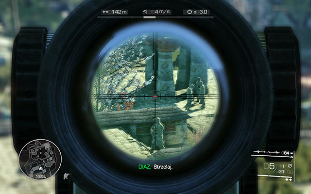 It's time for the three mercenaries in the middle of the square - before you pull the trigger, another enemy will appear and start moving towards one of the bodies by the fallen pillar - Eliminate the enemies on the square - Act 3 - Bad Karma - Sniper: Ghost Warrior 2 - Game Guide and Walkthrough