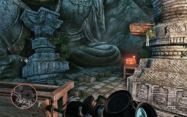 On a bench by the idol on the right - you will pass by that place right after the cutscene during which Maddox will almost kill you - No Loose Ends - Secrets - act 3 - Sniper: Ghost Warrior 2 - Game Guide and Walkthrough