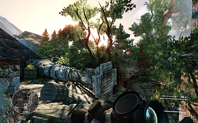 On a barrel on the left side, beside a fallen pillar, after you blow up the barrels at the tower where Maddox is - No Loose Ends - Secrets - act 3 - Sniper: Ghost Warrior 2 - Game Guide and Walkthrough