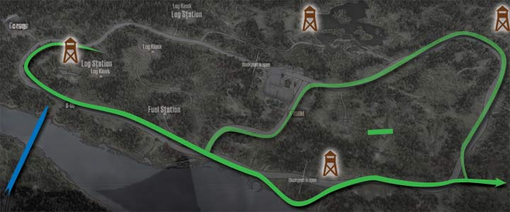 The blue line represents the path to the other side of the river and it leads to the lumber mill in the south part of the map - Crossing | Map Spintires MudRunner - Maps - Spintires MudRunner Guide and Tips