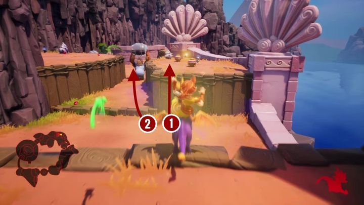 If you use the stairs next to the passage, you will jump onto the raised platforms [1] - Seashell Shore | Spyro: Year of the Dragon Walkthrough - Sunrise Spring - Spyro Reignited Trilogy Guide
