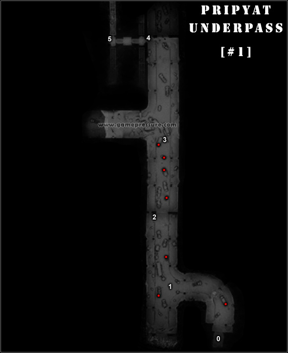 You begin (0) at the lowest part of the map [#1] - Walkthrough - The road to Pripyat - Walkthrough - S.T.A.L.K.E.R.: Call of Pripyat - Game Guide and Walkthrough