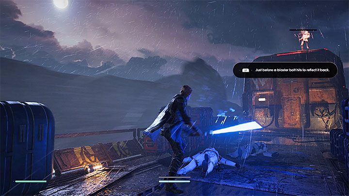 After exiting the railcar, the game will suggest you learn how to block and deflect projectiles with the lightsaber - Prologue | Fallen Order Walkthrough - Main Story - Star Wars Jedi Fallen Order Guide