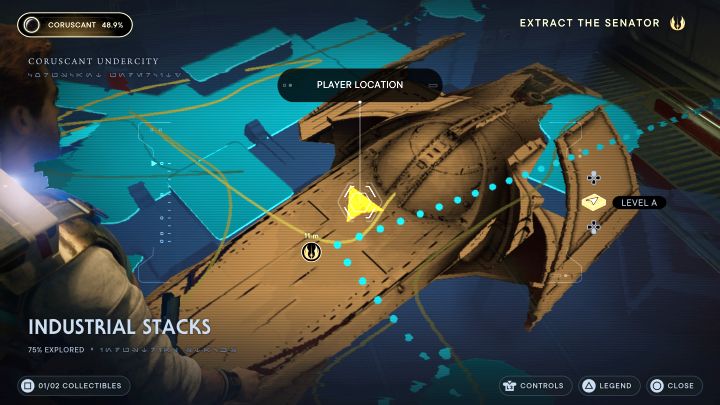 You can find the secret aboard the senator's yacht, after getting inside and interrogating him - Jedi Survivor: Industrial Stacks on Coruscant - list of secrets - Coruscant - Star Wars Jedi Survivor guide