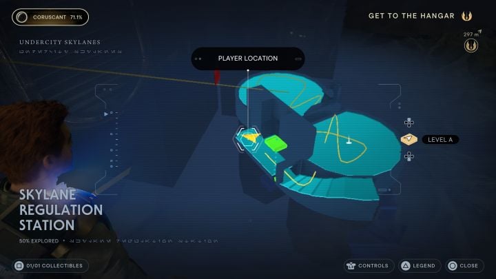 When you reach the meditation point in this district, follow the stairs to the lower room - Jedi Survivor: Skylane Regulation Station on Coruscant - list of secrets - Coruscant - Star Wars Jedi Survivor guide
