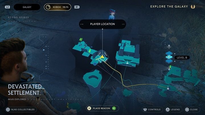 Go back to the meditation point (using a bird by the destroyed bridge a level higher) and grab onto a flying creature again - Jedi Survivor: Devastated Settlement - list of secrets (Part 1) - Koboh - Star Wars Jedi Survivor guide