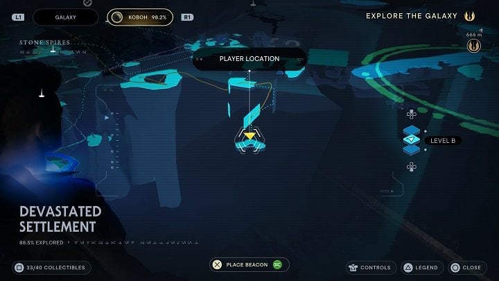 Climb to a higher floor and go immediately right to reach an opening that will lead you to a dark cave - Jedi Survivor: Devastated Settlement - list of secrets (part 2) - Koboh - Star Wars Jedi Survivor guide