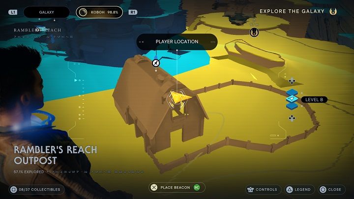 Go back up but don't jump out of the building just yet - Jedi Survivor: Ramblers Reach Outpost - list of secrets (part 1) - Koboh - Star Wars Jedi Survivor guide