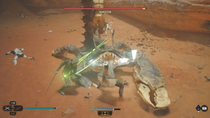 Ask Merrin for help as often as possible - her attack can temporarily immobilize Skriton (green lines) - Jedi Survivor: How to defeat the boss Skriton? - Bosses - Star Wars Jedi Survivor guide