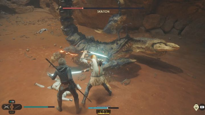 For standard boss attacks, use blocks and parries (focused parry can also be helpful) - Jedi Survivor: How to defeat the boss Skriton? - Bosses - Star Wars Jedi Survivor guide