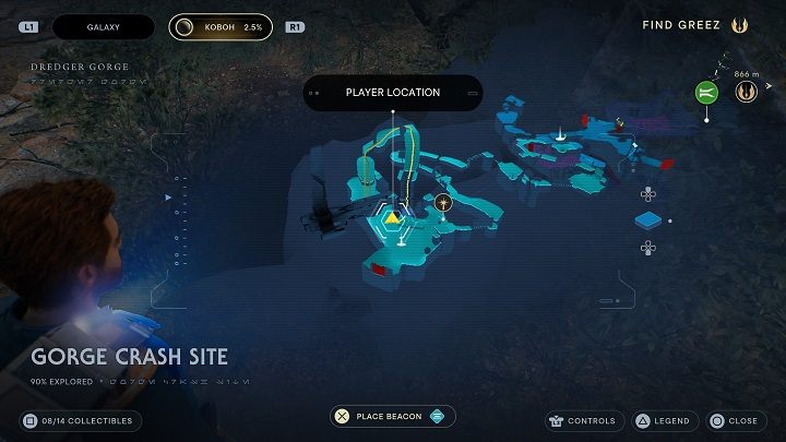 As soon as you exit the elevator you took to a level below, head to the right of it - Jedi Survivor: Gorge Crash Site - list of secrets - Koboh - Star Wars Jedi Survivor guide