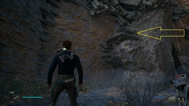 From the area where found Database #2, look to the right to find a runnable wall - Jedi Survivor: Gorge Crash Site - list of secrets - Koboh - Star Wars Jedi Survivor guide