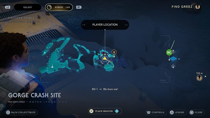 The next collectible (Databank #4) is somewhat further away from the previous one - Jedi Survivor: Gorge Crash Site - list of secrets - Koboh - Star Wars Jedi Survivor guide