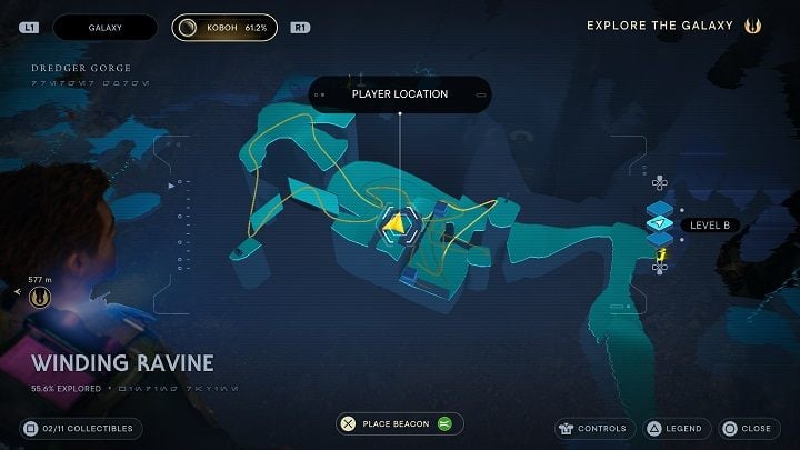 Then, jumping from a wall, you'll reach the chest containing Goatee apperance item - Jedi Survivor: Winding Ravine - list of secrets - Koboh - Star Wars Jedi Survivor guide