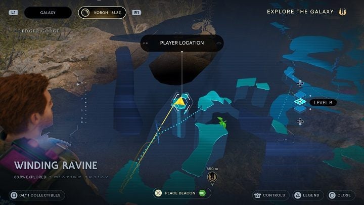 When you land, use the rope again and you'll reach the top of one of the "pillars" - Jedi Survivor: Winding Ravine - list of secrets - Koboh - Star Wars Jedi Survivor guide