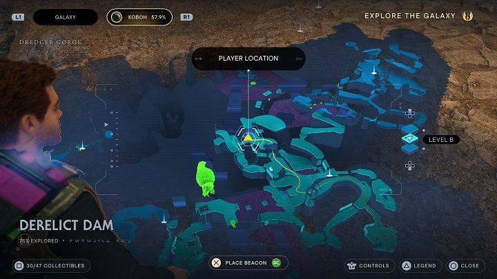 You can use the elevator next to the workbench (on the hill) to get higher up, where there is a gate that you can open with the lift skill - Jedi Survivor: Derelict Dam - list of secrets, part 2 - Koboh - Star Wars Jedi Survivor guide