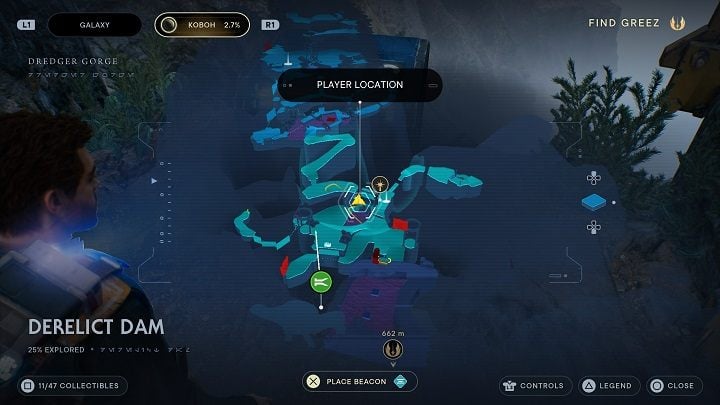 From the previous location, jump even lower and look to the left - Jedi Survivor: Derelict Dam - list of secrets, part 1 - Koboh - Star Wars Jedi Survivor guide