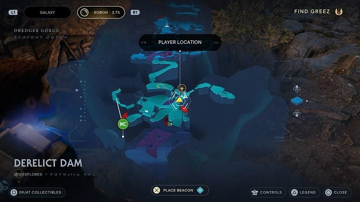 Descend even lower and head toward the meditation point above - Jedi Survivor: Derelict Dam - list of secrets, part 1 - Koboh - Star Wars Jedi Survivor guide