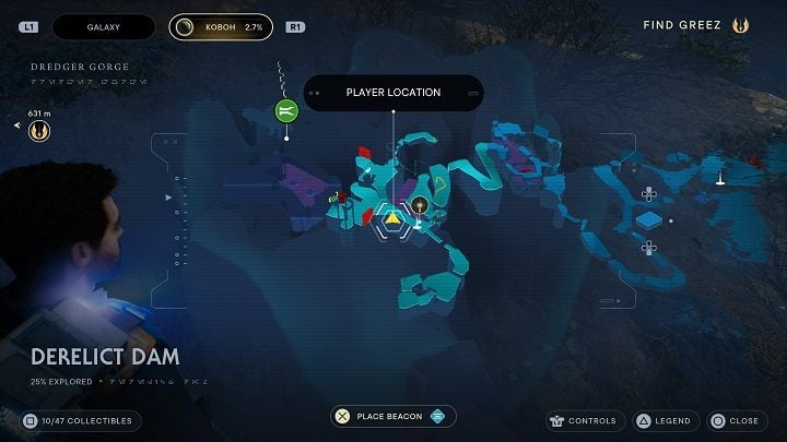 Head in the direction perpendicular to the destroyed dam (and the previous find) - Jedi Survivor: Derelict Dam - list of secrets, part 1 - Koboh - Star Wars Jedi Survivor guide