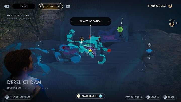 On the other bank, just across from the chest with BD's body part, you will find the corpse of a prospector - Jedi Survivor: Derelict Dam - list of secrets, part 1 - Koboh - Star Wars Jedi Survivor guide