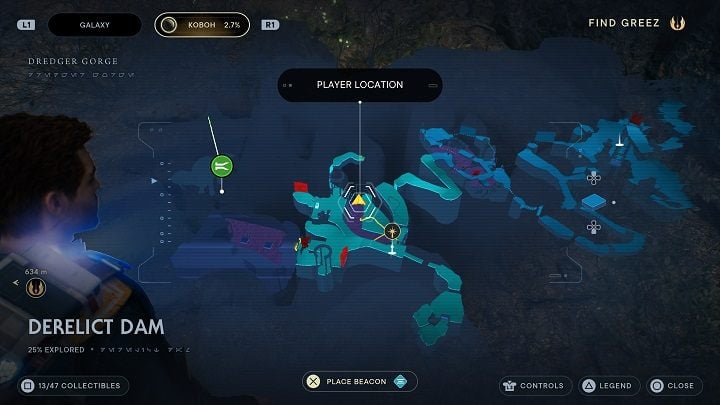 When standing next to the corpse of the drowned prospector, take a look to the right - you will see a bank with the skull of a large animal - Jedi Survivor: Derelict Dam - list of secrets, part 1 - Koboh - Star Wars Jedi Survivor guide