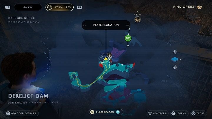 After the gorocco nest, return via the collapsed bridge to the meditation site - Jedi Survivor: Derelict Dam - list of secrets, part 1 - Koboh - Star Wars Jedi Survivor guide