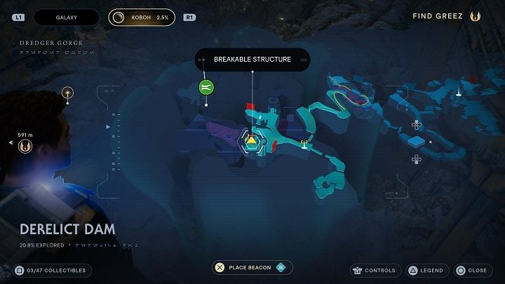 To the right of the chest with light metal, next to the wall to be destroyed, you will find a plant with seeds - Jedi Survivor: Derelict Dam - list of secrets, part 1 - Koboh - Star Wars Jedi Survivor guide