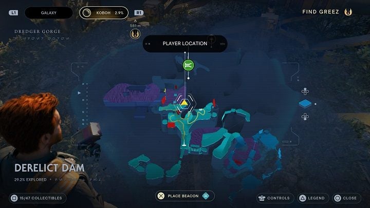 Near the crate of light metal is a structure covered with a wall to be destroyed - Jedi Survivor: Derelict Dam - list of secrets, part 1 - Koboh - Star Wars Jedi Survivor guide