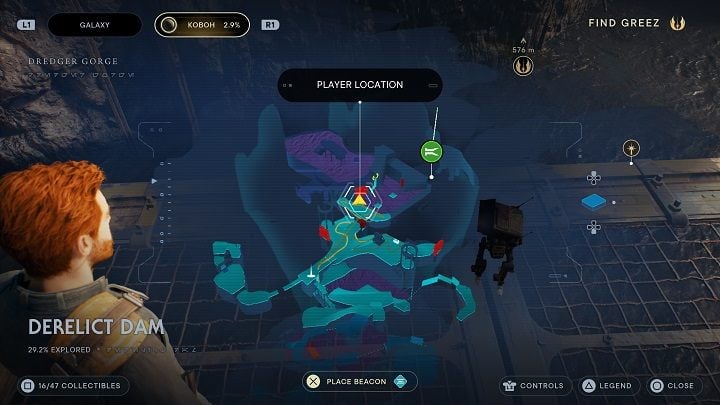 Next go to the left, then stand on the metal element suspended over the lake of tar - Jedi Survivor: Derelict Dam - list of secrets, part 1 - Koboh - Star Wars Jedi Survivor guide