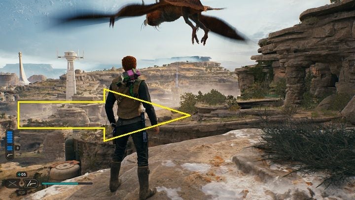 If you have already unlocked the ability to tame animals, you can use the help of a small flying creature that will take you to the place indicated in the above screenshot - Jedi Survivor: Southern Reach - list of secrets, part 2 - Koboh - Star Wars Jedi Survivor guide