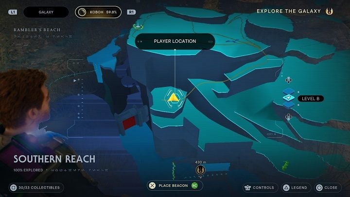 From the above-mentioned place you can get lower - to the ledge below the place where you got the Essence earlier - Jedi Survivor: Southern Reach - list of secrets, part 2 - Koboh - Star Wars Jedi Survivor guide