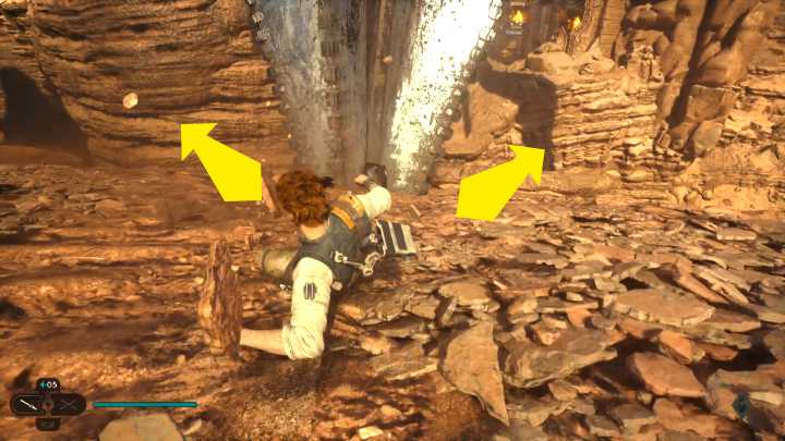 Slipping down the slope, you must steer to the left or right to avoid the drill and jump out at the right place to avoid falling into the abyss - Star Wars Jedi Survivor: Bring Contact Codes to Cere - Walkthorugh - Star Wars Jedi Survivor guide