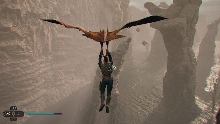 Grab onto the flying creature and fly ahead until you reach the balloons, but keep to the left (the ones on the right are too high for now) - Jedi Survivor: Viscid Bog - list of secrets - Koboh - Star Wars Jedi Survivor guide