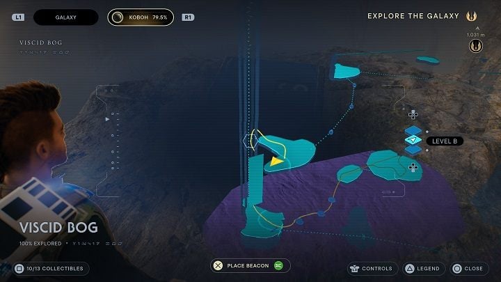 Take advantage of the elevator and after a while jump out of it through a hole in the wall - look out for the moment when it brightens up a bit from the sunlight - Jedi Survivor: Viscid Bog - list of secrets - Koboh - Star Wars Jedi Survivor guide