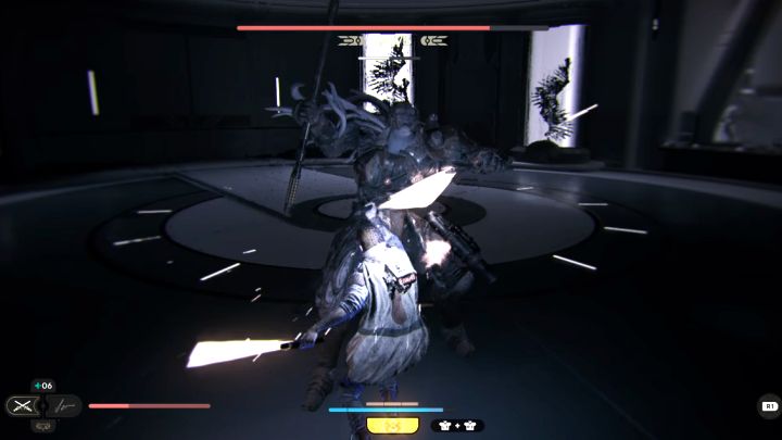 No matter the phase you are in, you can make damaging the boss easier by using Force-charged attacks - Jedi Survivor: How to defeat Rayvis (Republic Research Laboratory)? - Bosses - Star Wars Jedi Survivor guide