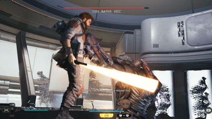 New moves of the boss include grabbing attempts and this is a red attack - Jedi Survivor: How to defeat Rayvis (Republic Research Laboratory)? - Bosses - Star Wars Jedi Survivor guide